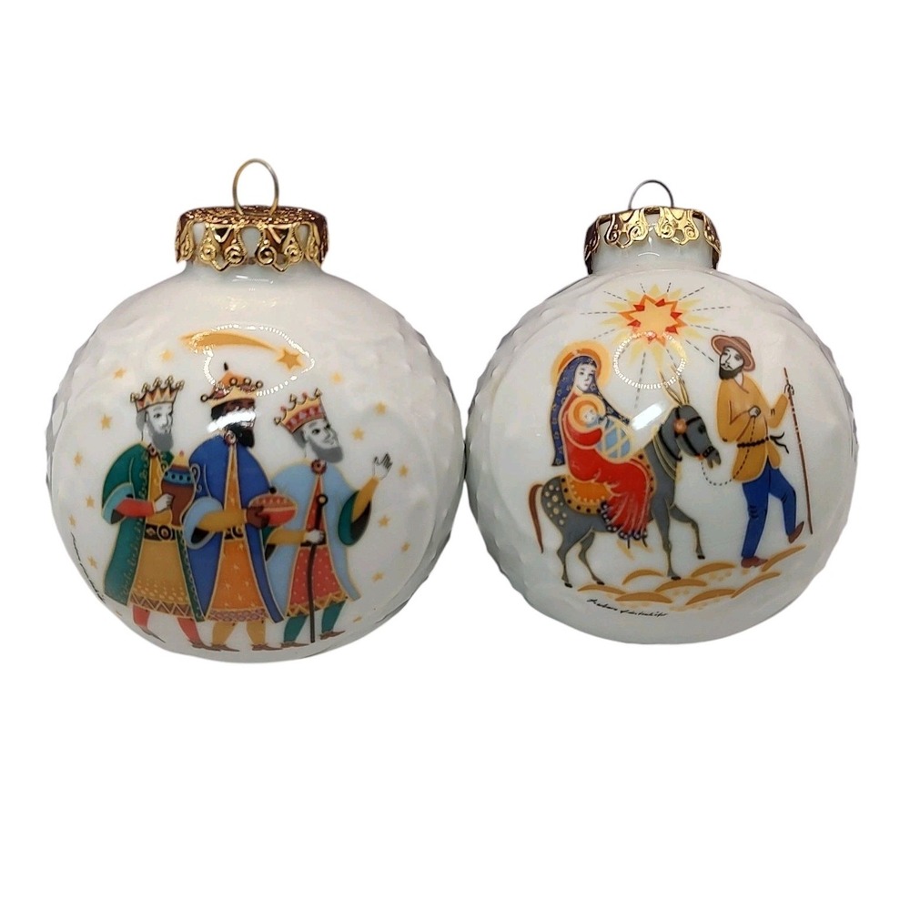 Vintage Lindner Nativity Ornaments Hand Painted Porcelain Bavaria Set of Two‎